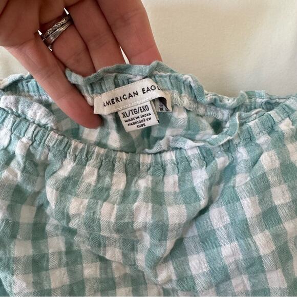 American Eagle Turquoise Gingham Cotton Linen Smocked Cami Cropped Top XL - Picture 8 of 9